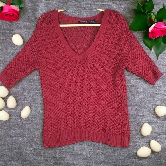Architect Women’s Large Maroon Pullover Sweater Open Knit 3/4 Sleeves Stretch - Picture 1 of 13